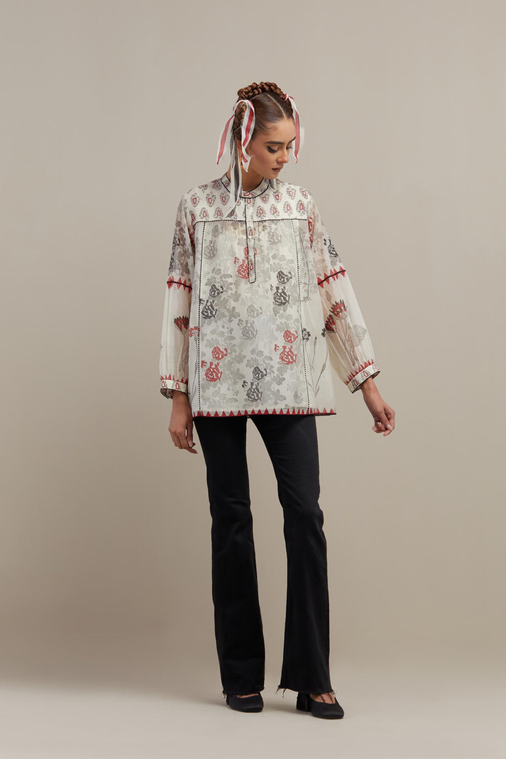 Off white cotton chanderi straight short top with all-over red & black hand block print.