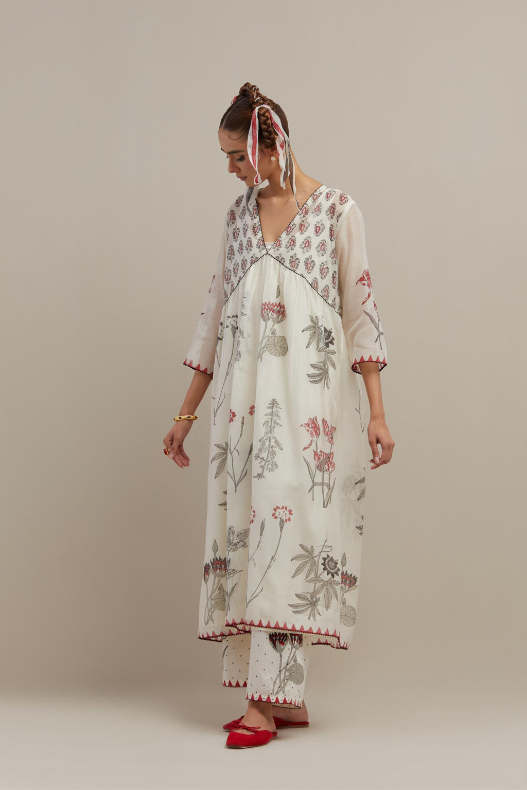 Off white hand block printed cotton chanderi kurta dress set with V neck, yoke and fine gathers at empire line.