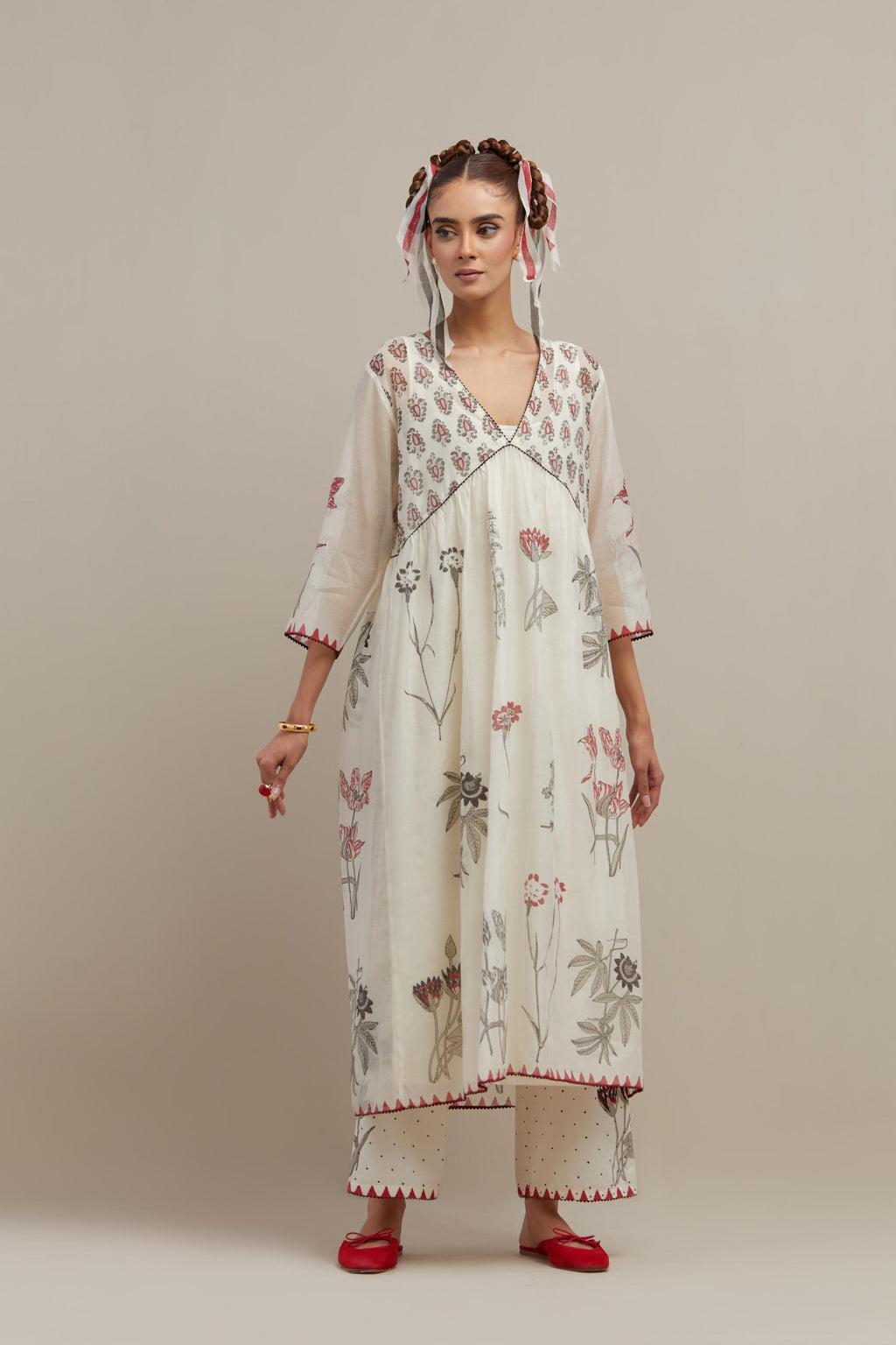 Off white hand block printed cotton chanderi kurta dress set with V neck, yoke and fine gathers at empire line.