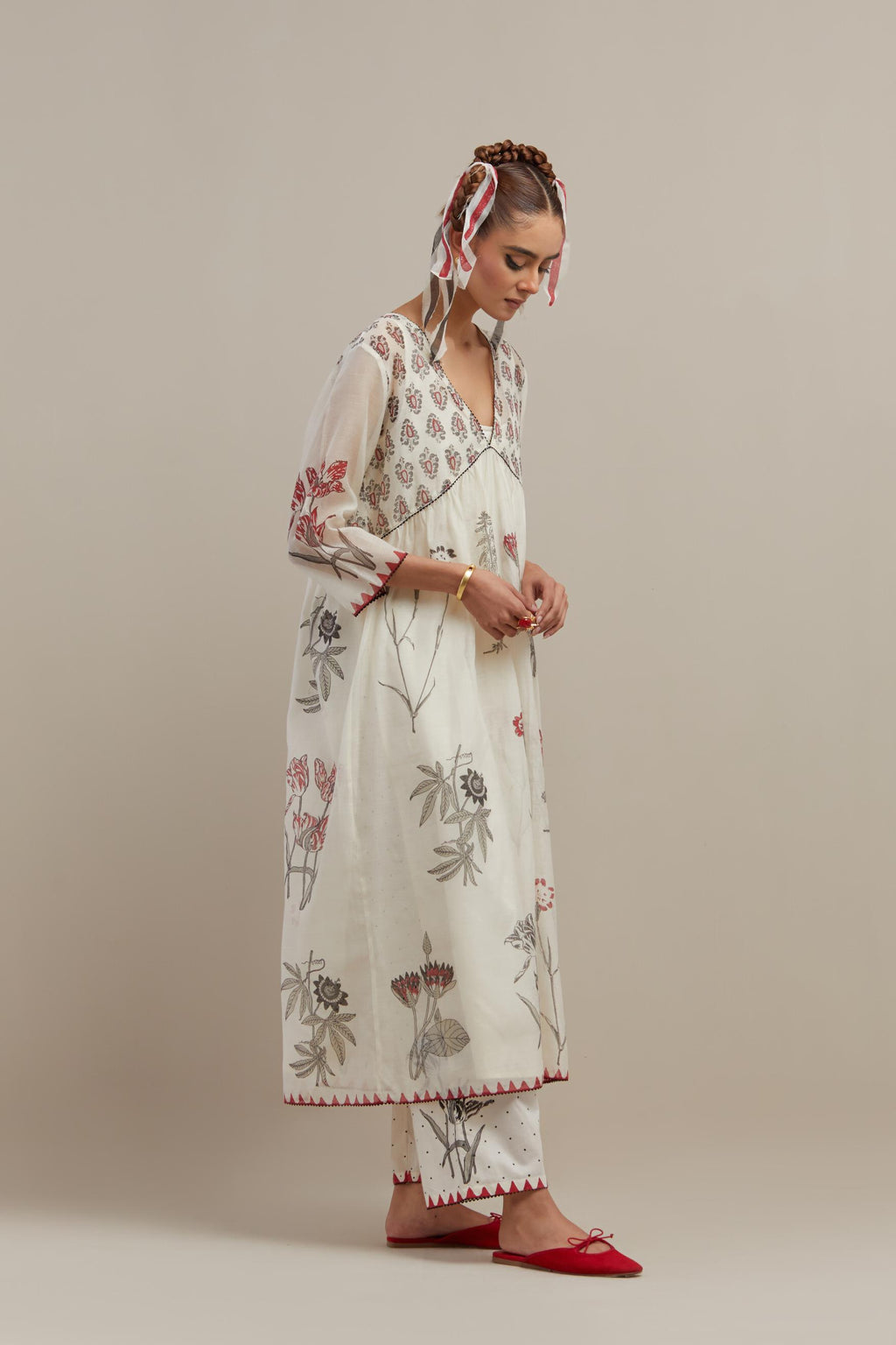 Off white hand block printed cotton chanderi kurta dress set with V neck, yoke and fine gathers at empire line.