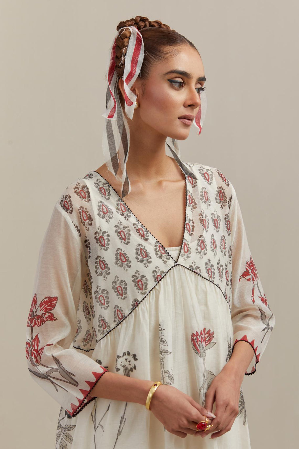 Off white hand block printed cotton chanderi kurta dress set with V neck, yoke and fine gathers at empire line.