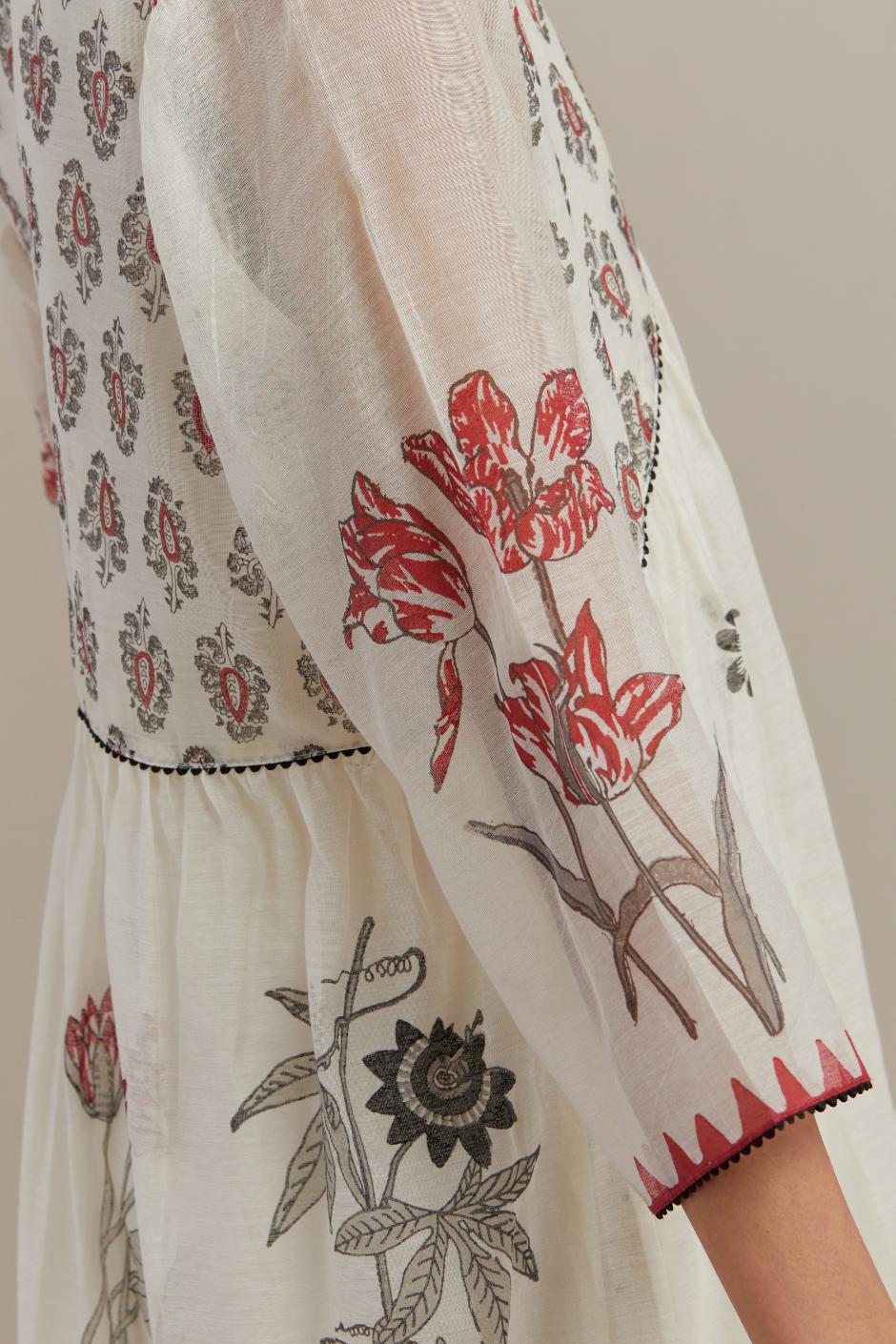 Off white hand block printed cotton chanderi kurta dress set with V neck, yoke and fine gathers at empire line.