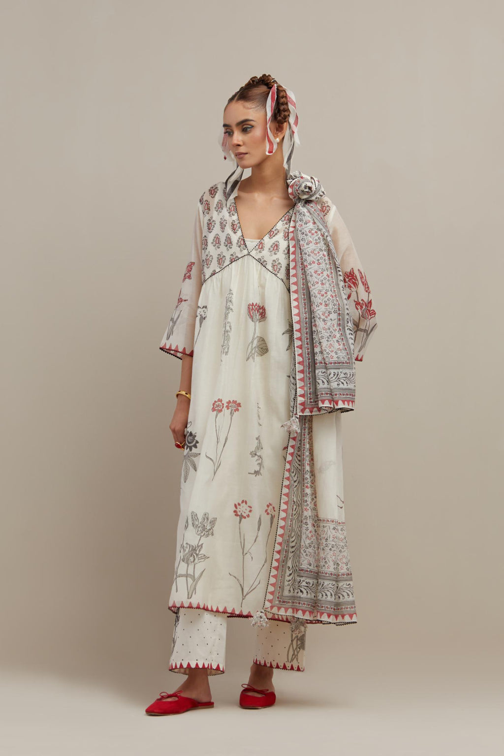 Off white hand block printed cotton chanderi kurta dress set with V neck, yoke and fine gathers at empire line.