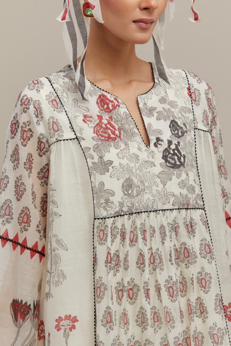 Off white cotton chanderi Kurta dress set with all-over hand block print.