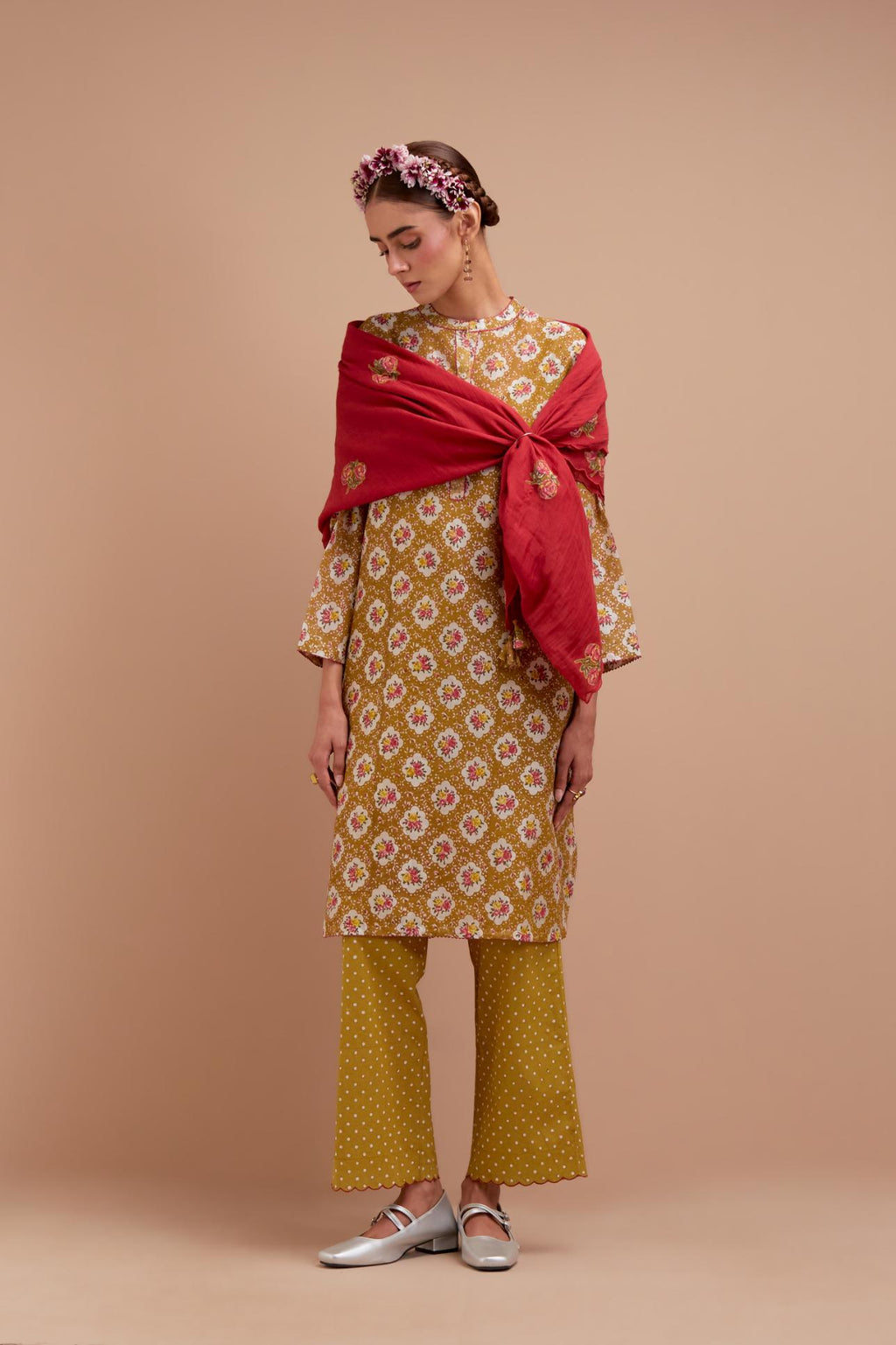 Olive Yellow Silk Chanderi straight short kurta set with all-over Pink & Yellow floral hand block print.
