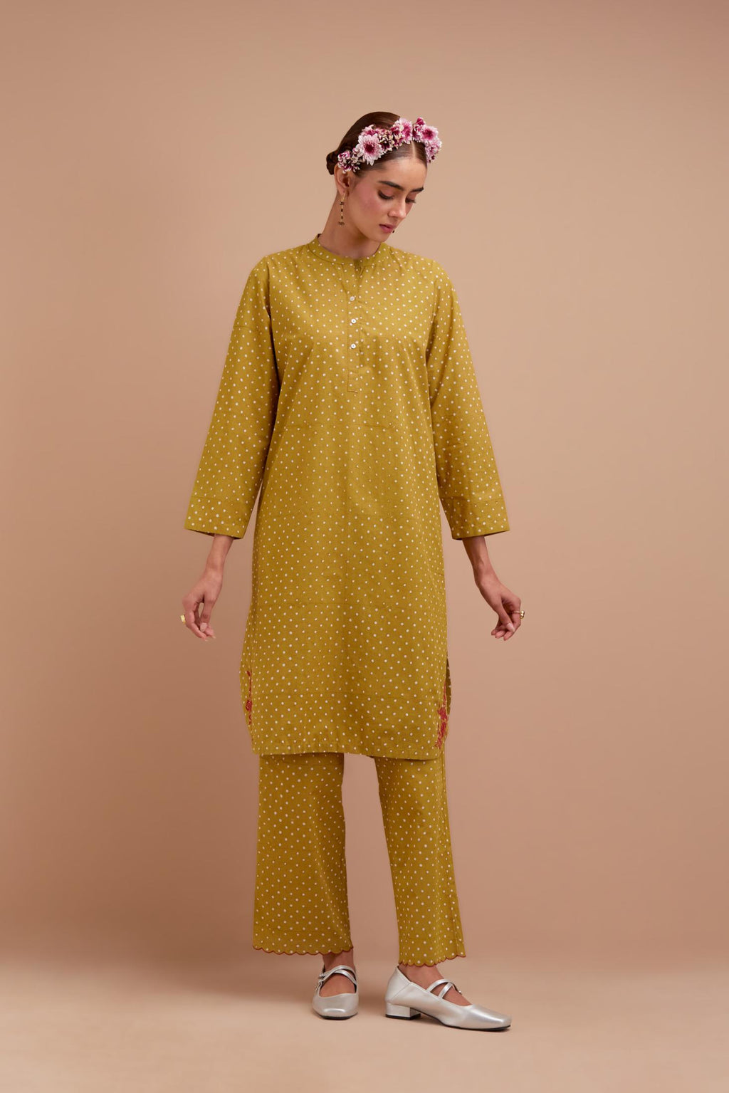 Olive Yellow Cotton straight short kurta set with all-over polka dot hand block print & embroidered floral bootas at the side hem.