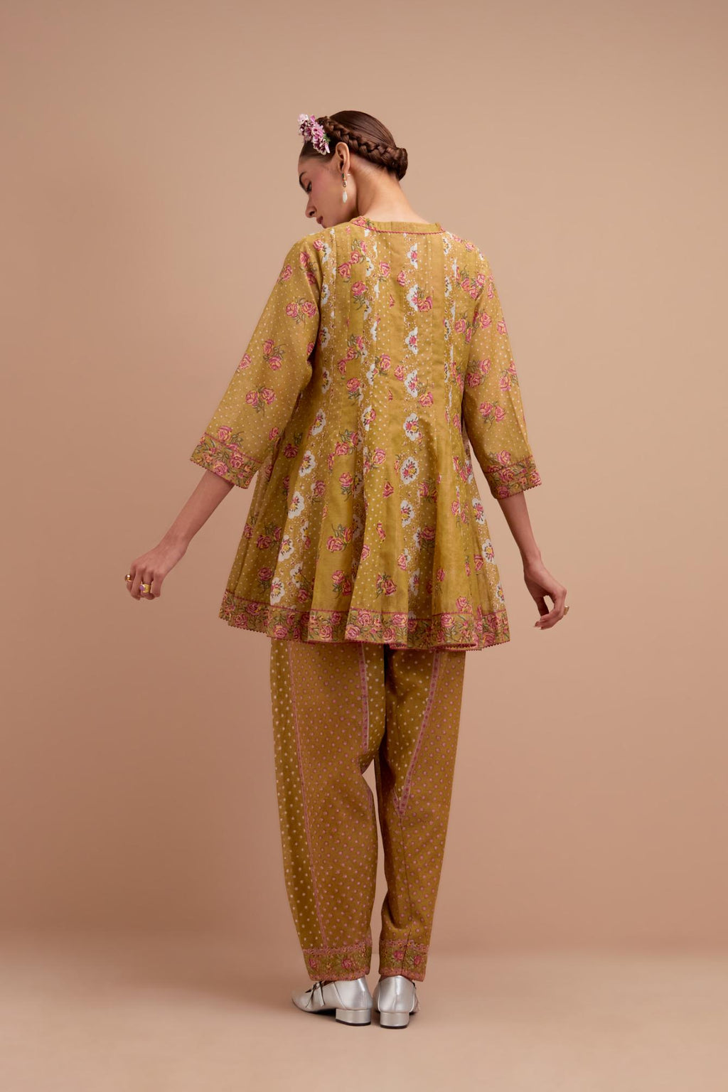 Olive Yellow Silk Chanderi paneled kurta set with all-over small Pink & Yellow flower hand block print.