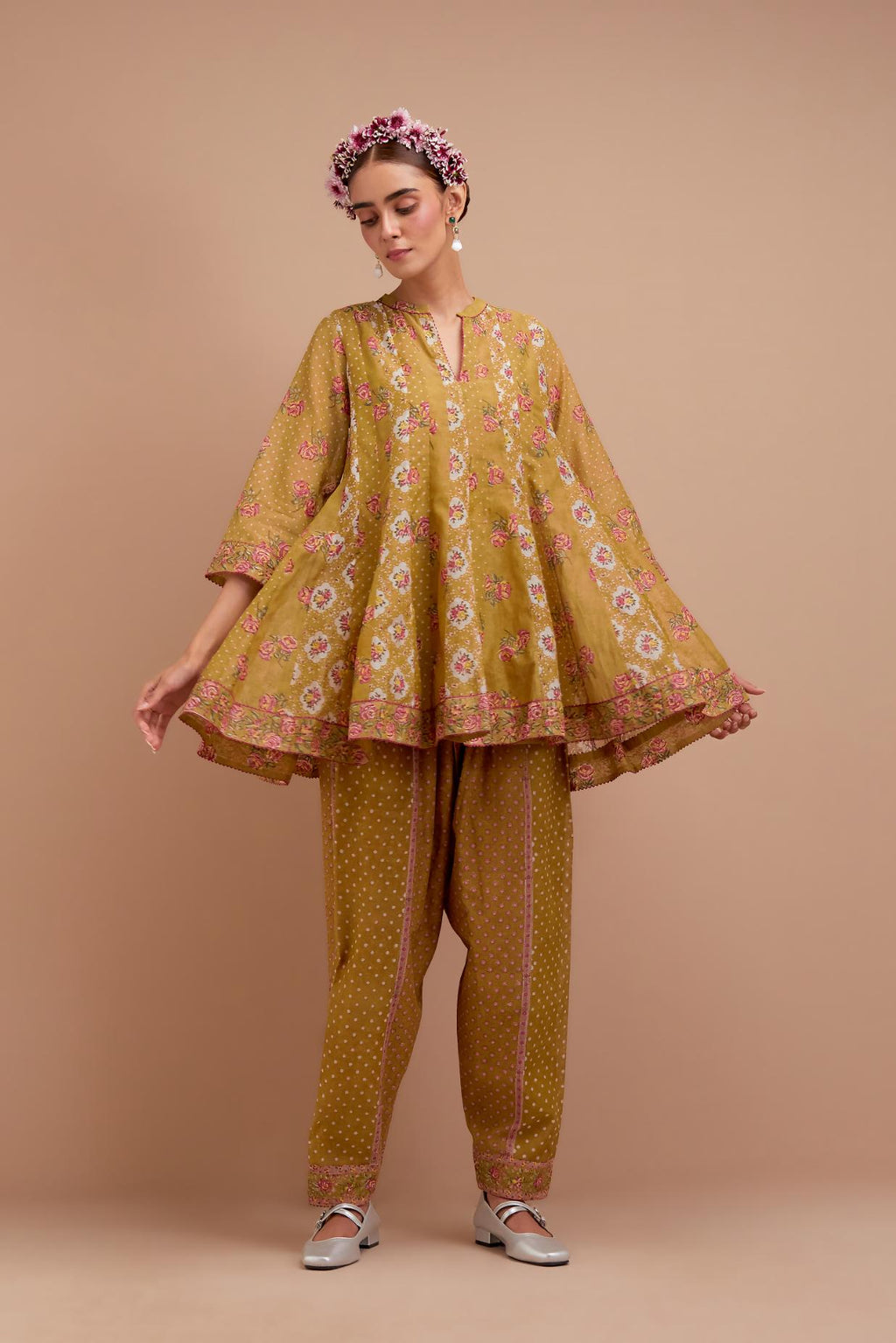 Olive Yellow Silk Chanderi paneled kurta set with all-over small Pink & Yellow flower hand block print.