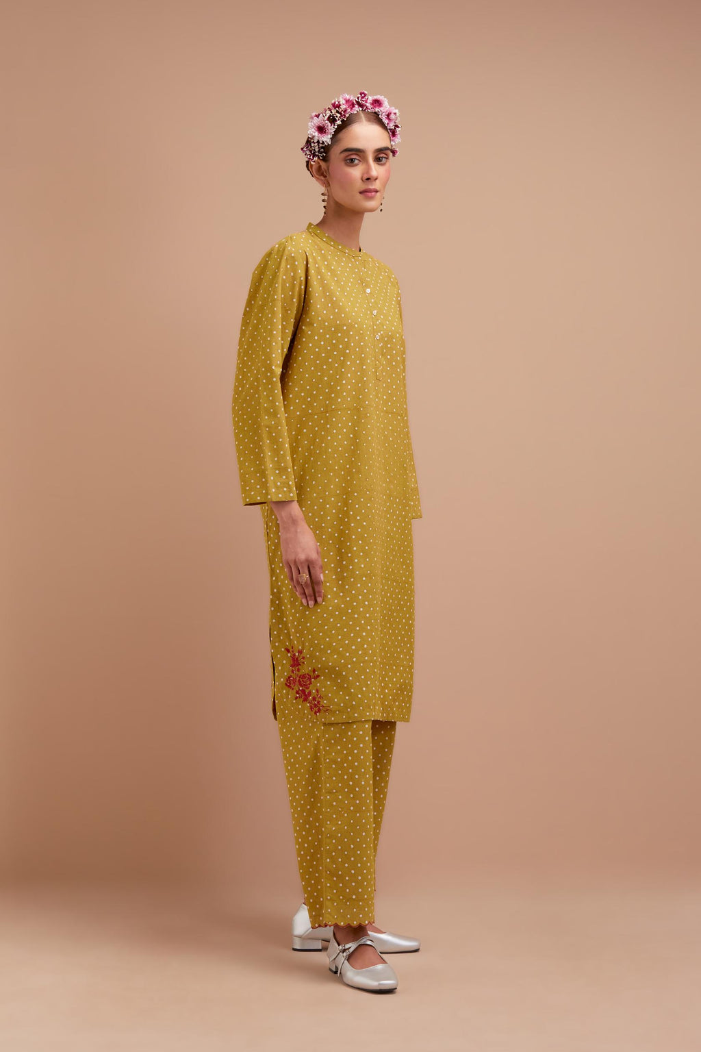 Olive Yellow Cotton straight short kurta set with all-over polka dot hand block print & embroidered floral bootas at the side hem.