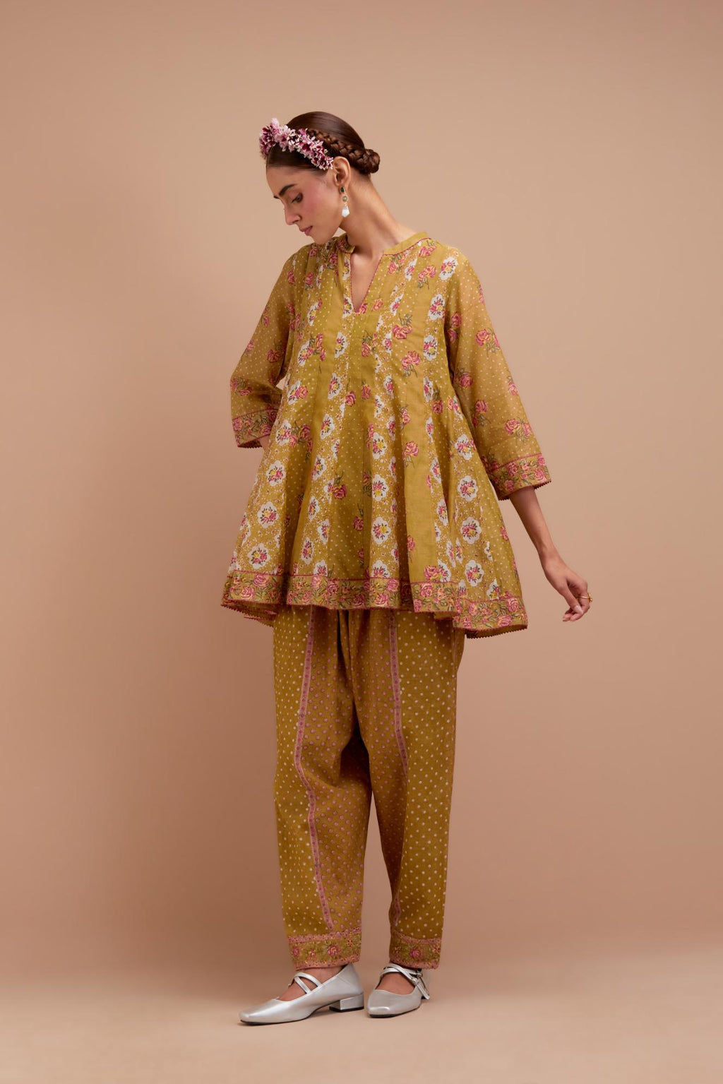 Olive Yellow Silk Chanderi paneled kurta set with all-over small Pink & Yellow flower hand block print.