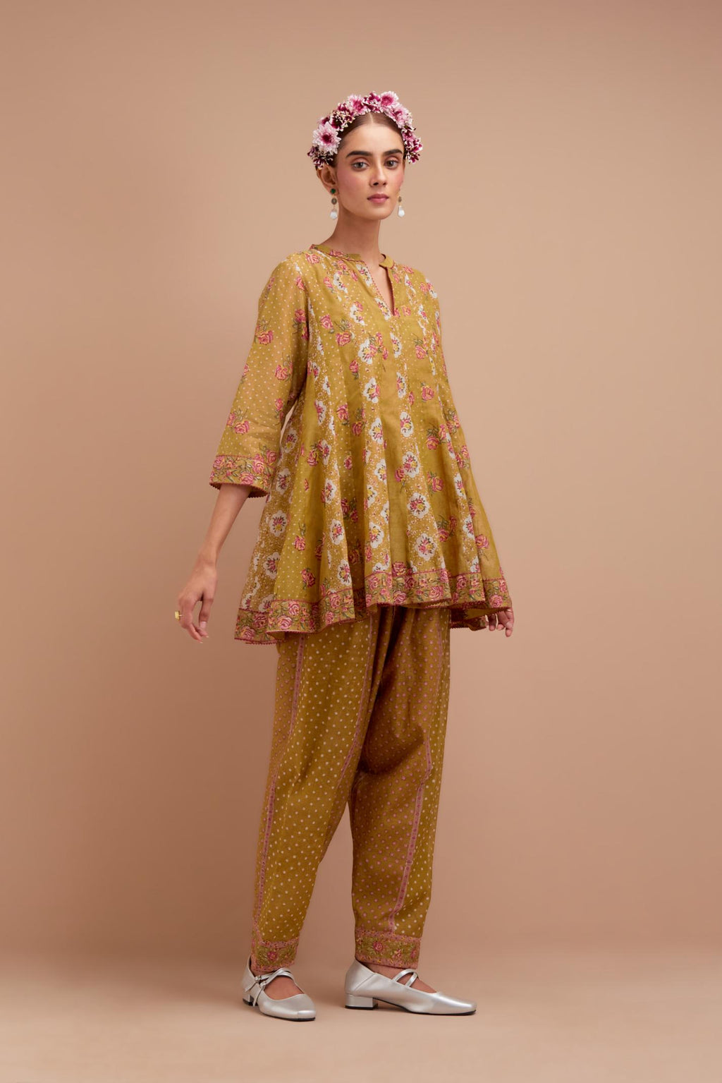 Olive Yellow Silk Chanderi paneled kurta set with all-over small Pink & Yellow flower hand block print.