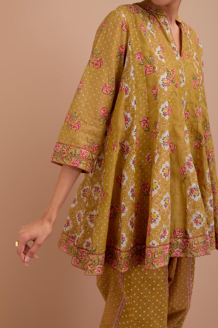 Olive Yellow Silk Chanderi paneled kurta set with all-over small Pink & Yellow flower hand block print.