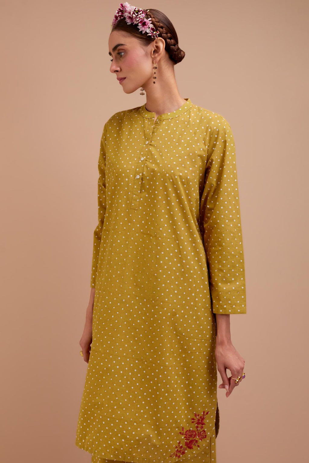 Olive Yellow Cotton straight short kurta set with all-over polka dot hand block print & embroidered floral bootas at the side hem.