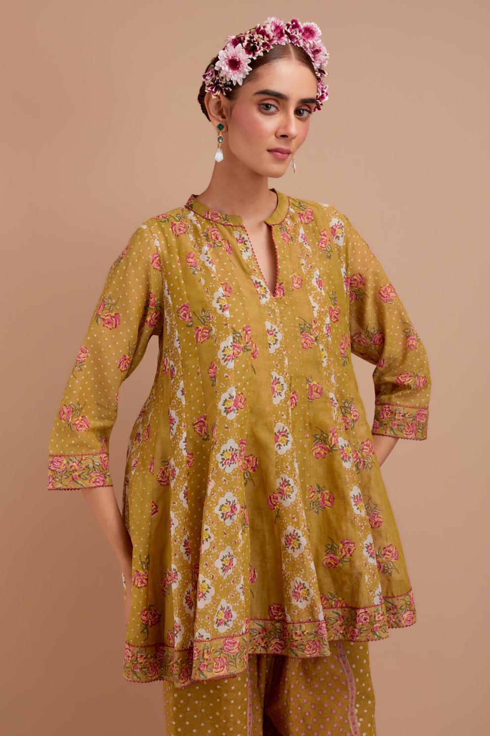 Olive Yellow Silk Chanderi paneled kurta set with all-over small Pink & Yellow flower hand block print.