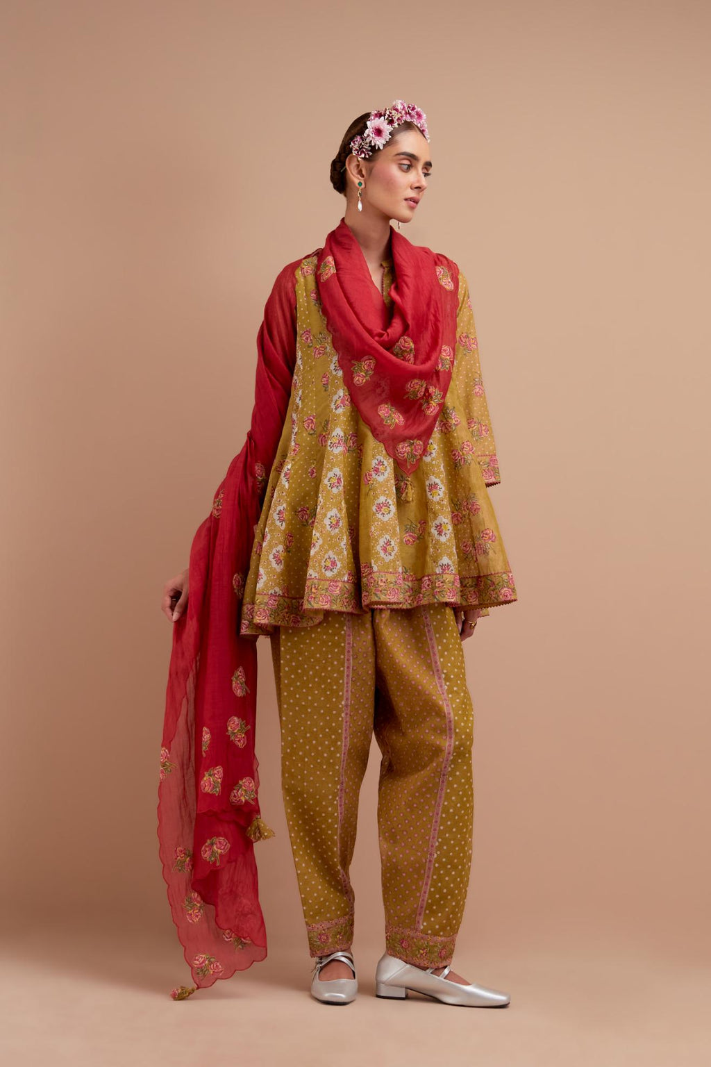 Olive Yellow Silk Chanderi paneled kurta set with all-over small Pink & Yellow flower hand block print.
