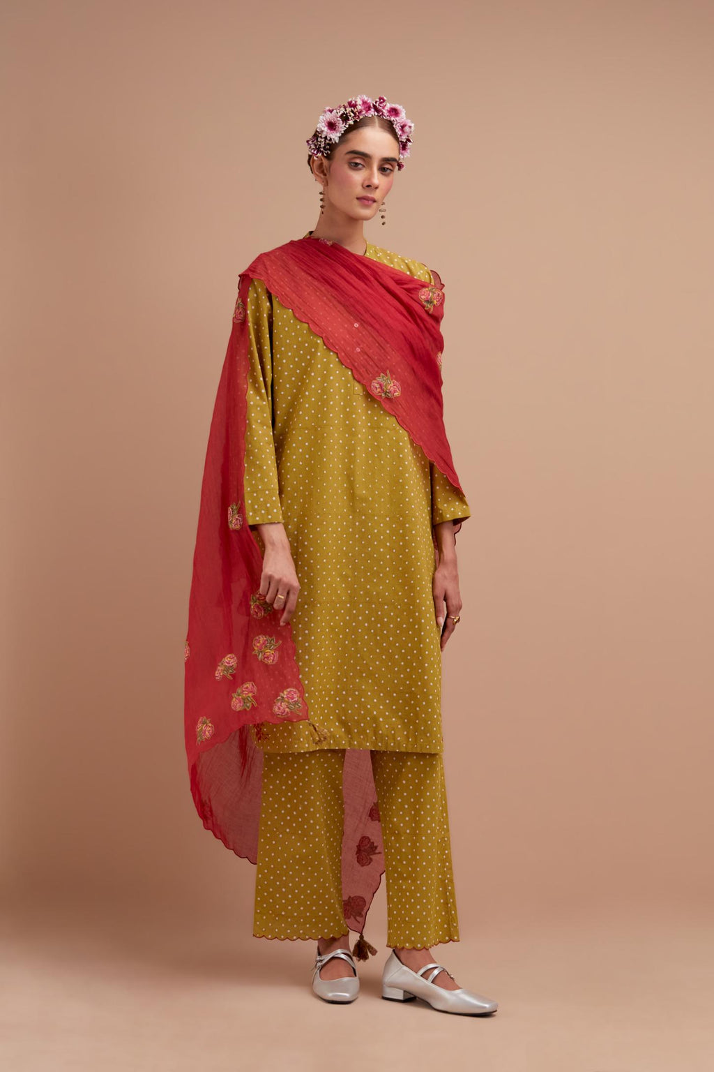 Olive Yellow Cotton straight short kurta set with all-over polka dot hand block print & embroidered floral bootas at the side hem.
