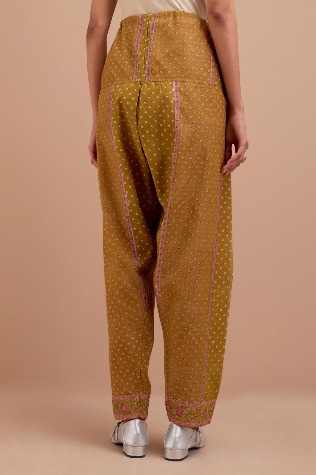 Olive Yellow Cotton Chanderi salwar with all-over hand block print.