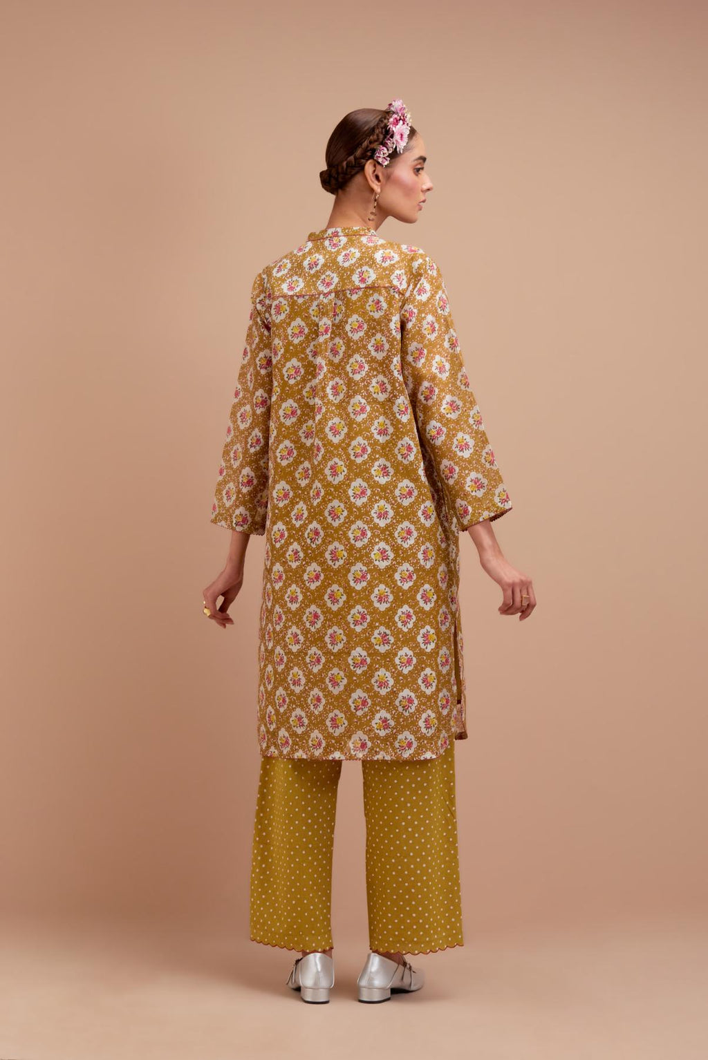 Olive Yellow Silk Chanderi straight short kurta set with all-over Pink & Yellow floral hand block print.