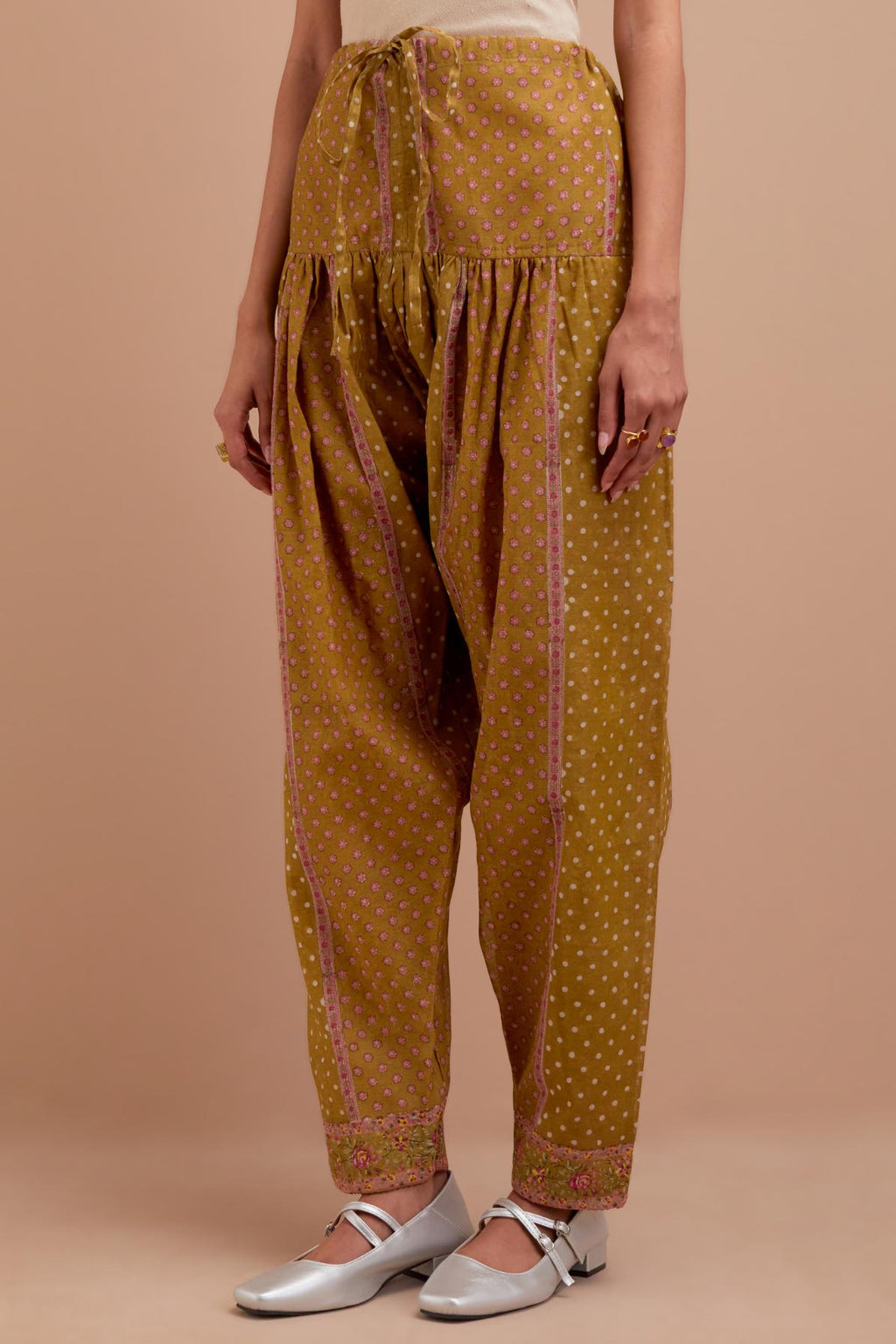 Olive Yellow Cotton Chanderi salwar with all-over hand block print.