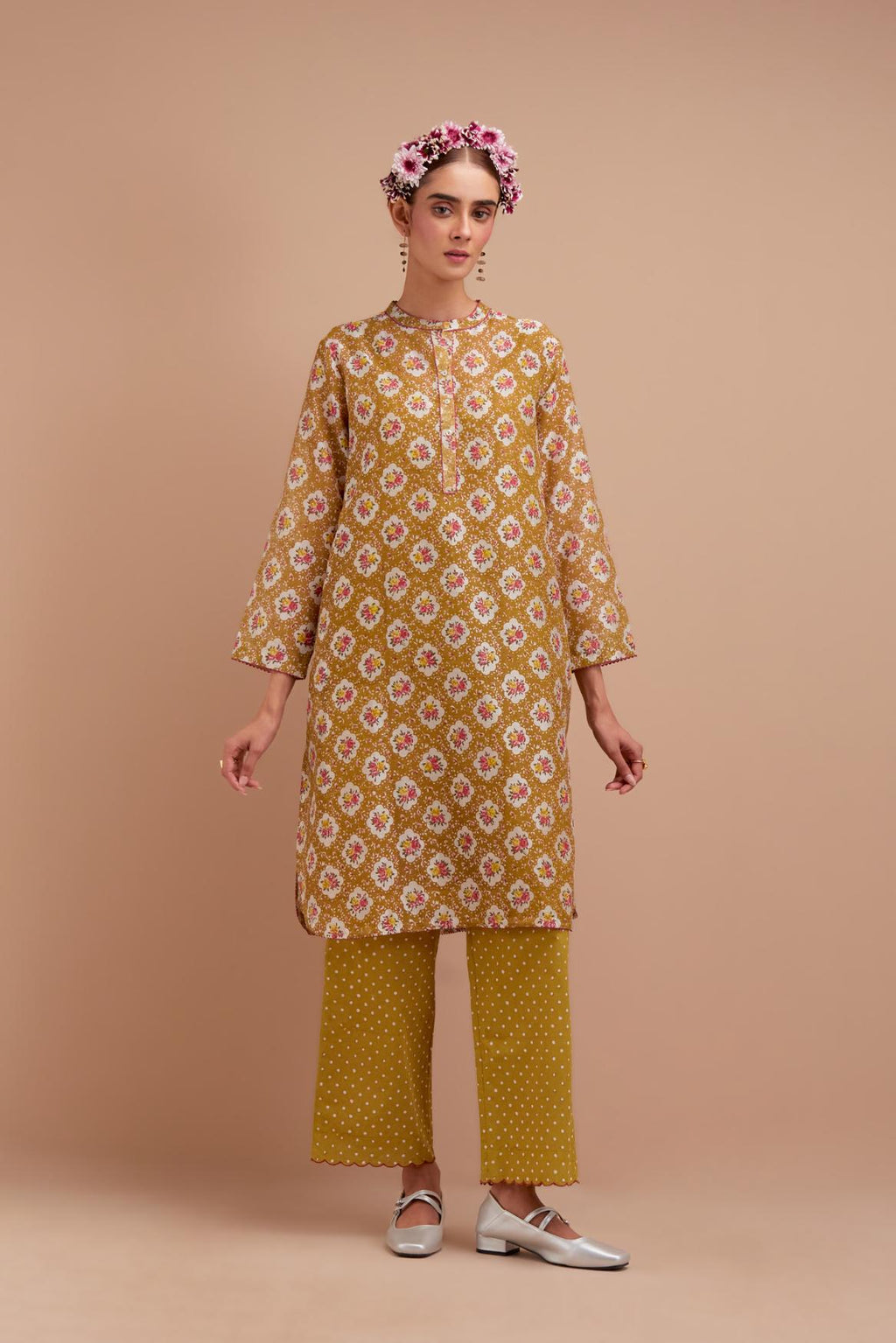 Olive Yellow Silk Chanderi straight short kurta set with all-over Pink & Yellow floral hand block print.