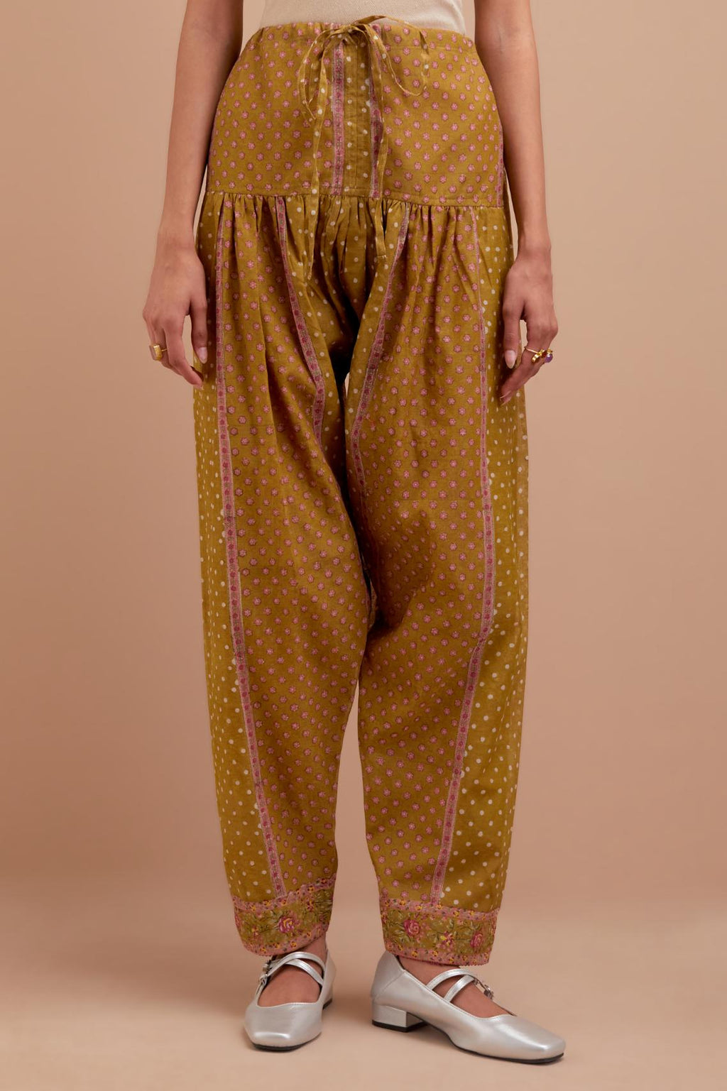 Olive Yellow Cotton Chanderi salwar with all-over hand block print.