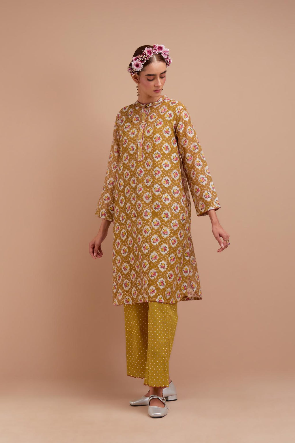 Olive Yellow Silk Chanderi straight short kurta set with all-over Pink & Yellow floral hand block print.