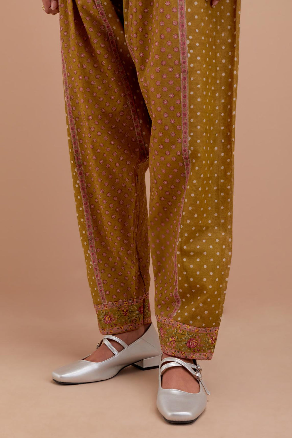 Olive Yellow Cotton Chanderi salwar with all-over hand block print.