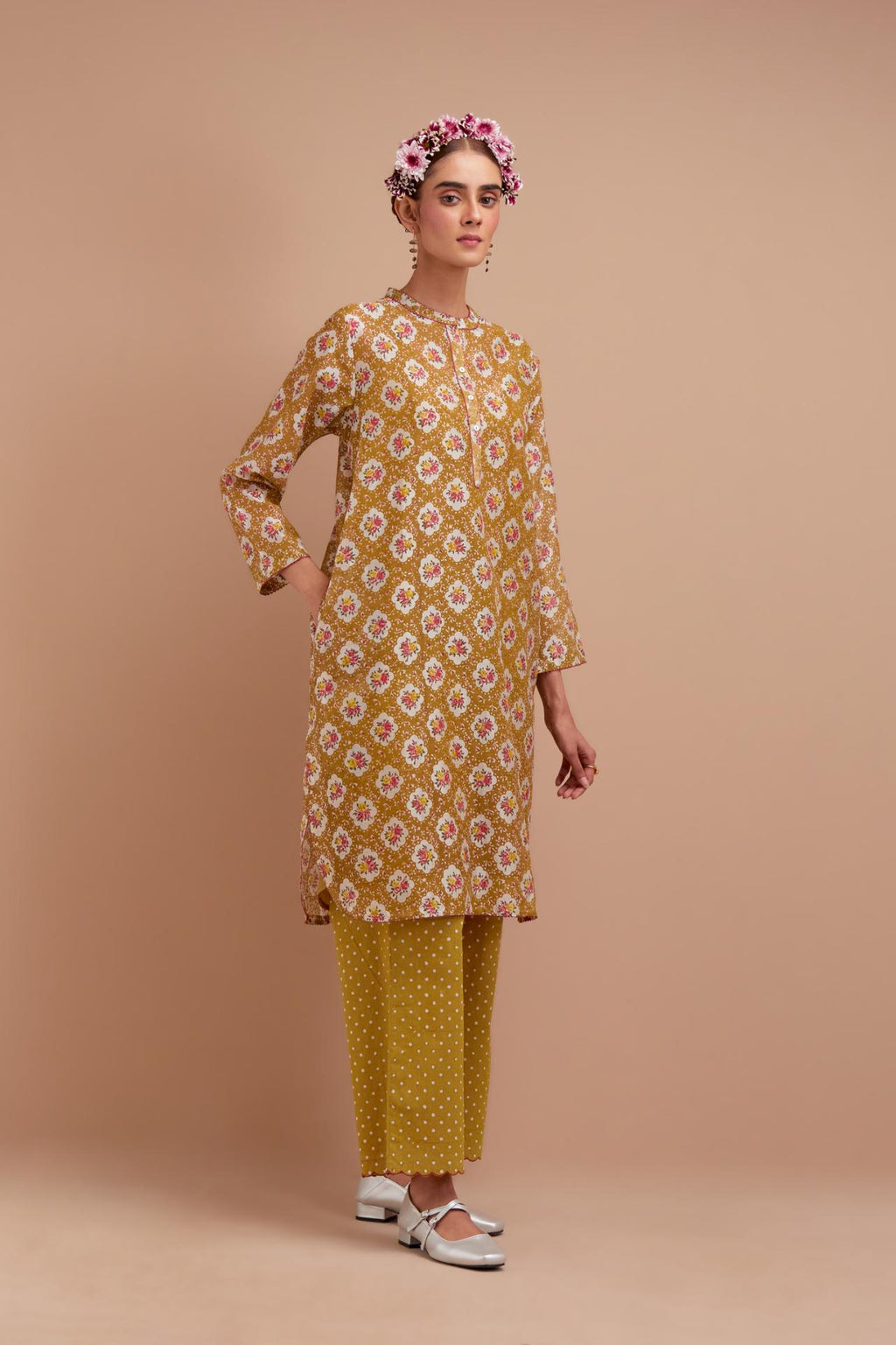 Olive Yellow Silk Chanderi straight short kurta set with all-over Pink & Yellow floral hand block print.