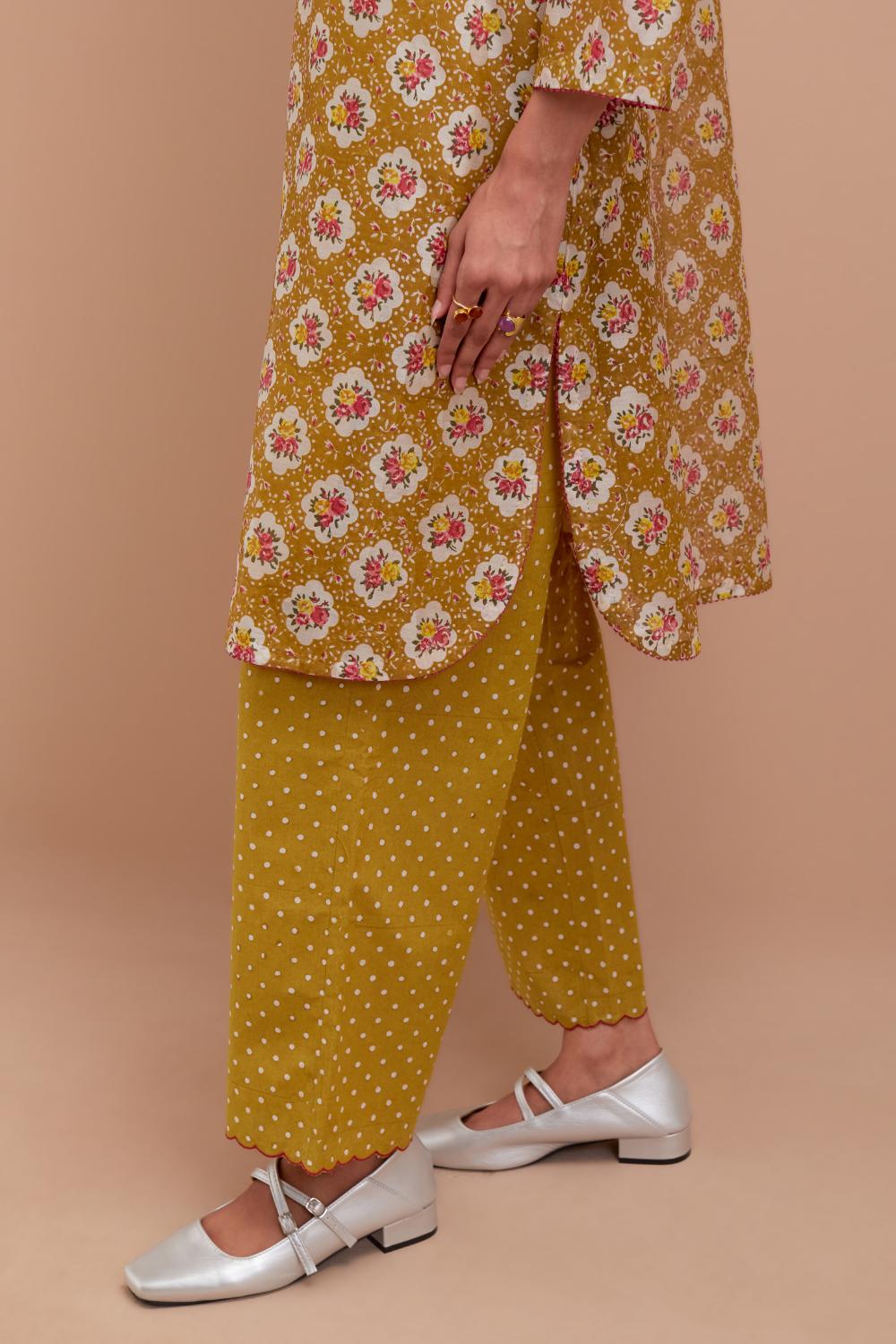 Olive Yellow Silk Chanderi straight short kurta set with all-over Pink & Yellow floral hand block print.