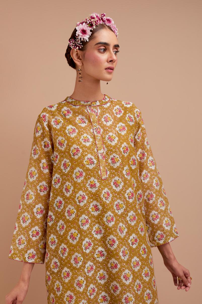 Olive Yellow Silk Chanderi straight short kurta set with all-over Pink & Yellow floral hand block print.