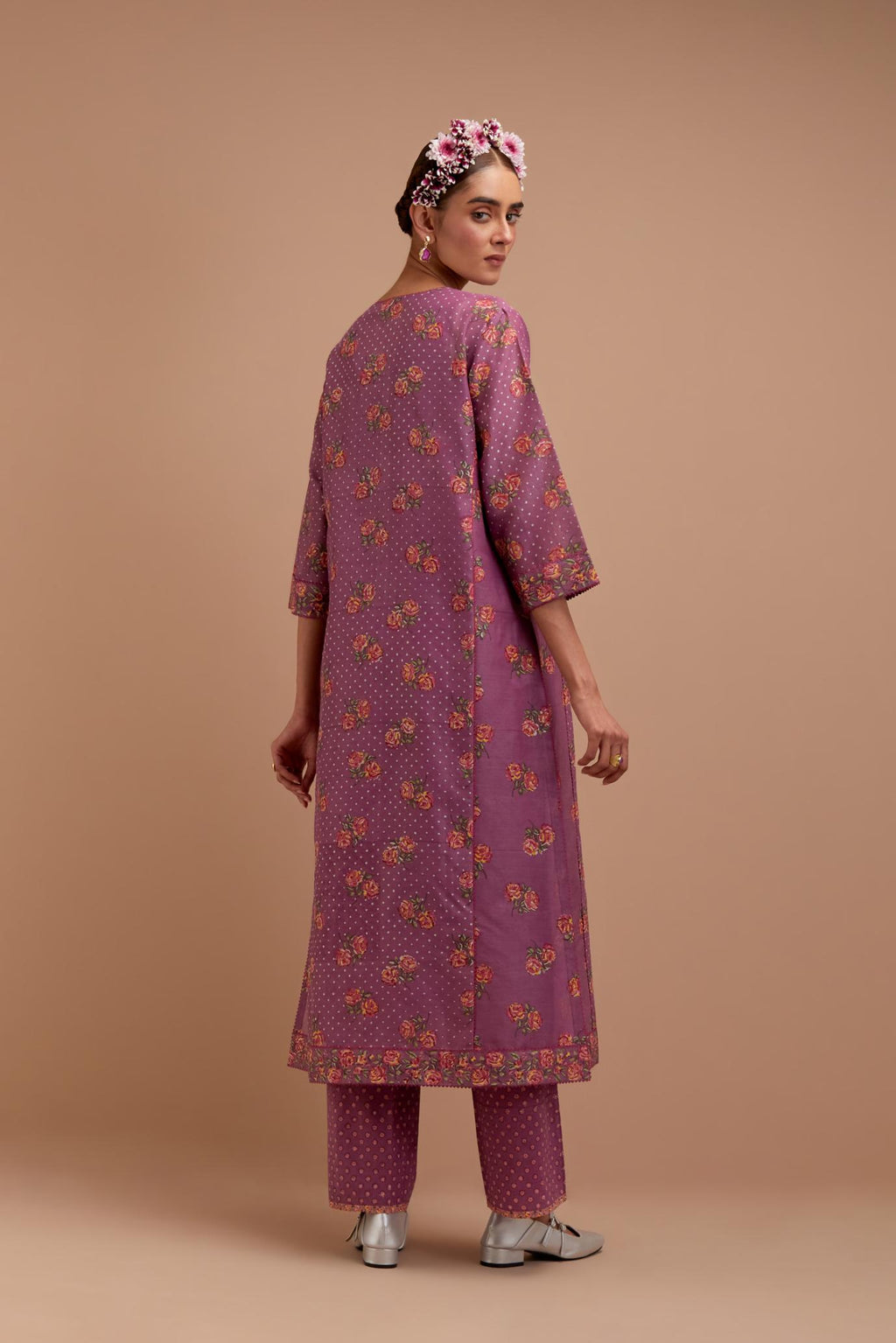Dark Mauve Silk Chanderi kurta set with all-over Pink & Yellow floral hand-block print and side panels.