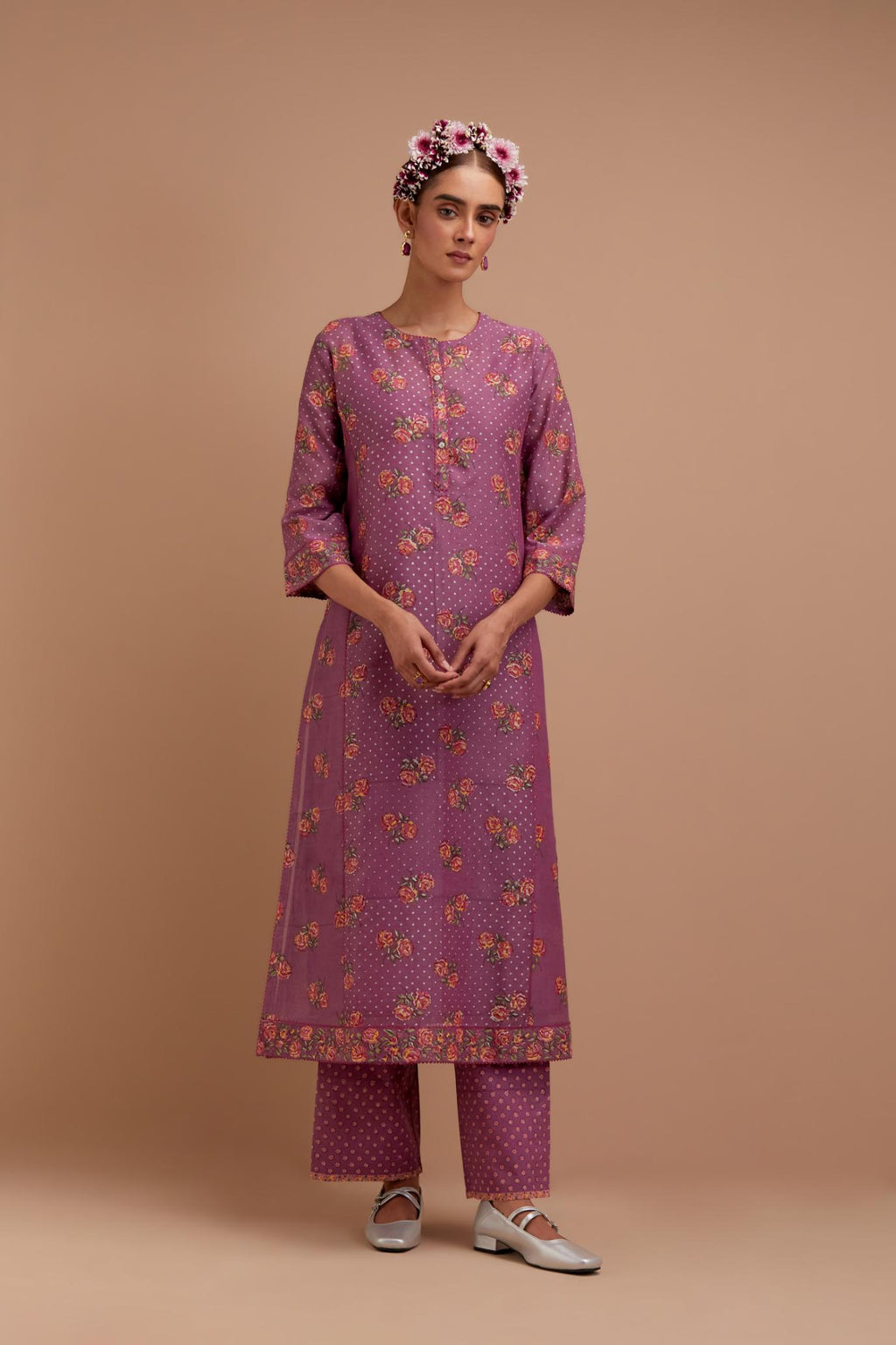 Dark Mauve Silk Chanderi kurta set with all-over Pink & Yellow floral hand-block print and side panels.