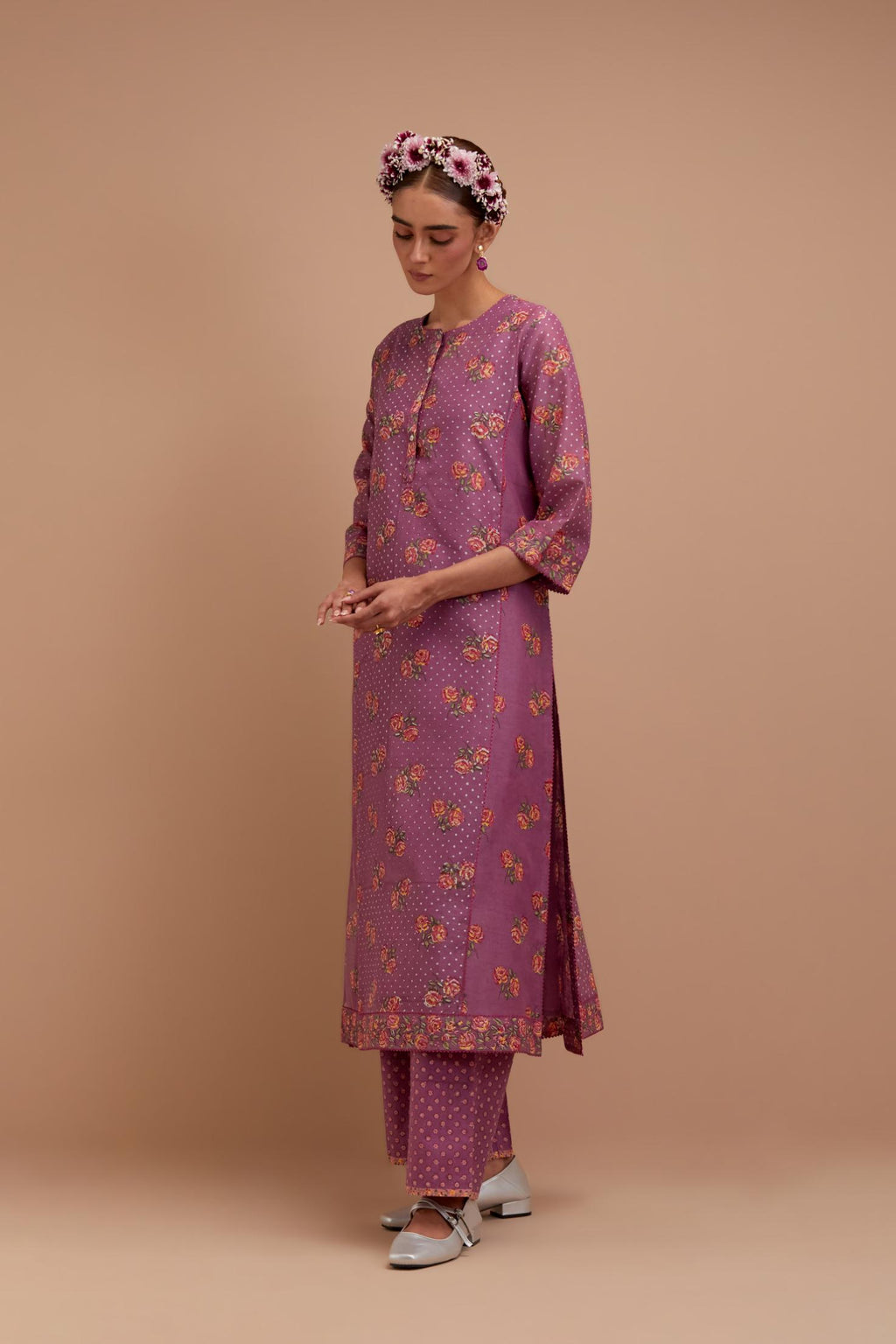 Dark Mauve Silk Chanderi kurta set with all-over Pink & Yellow floral hand-block print and side panels.