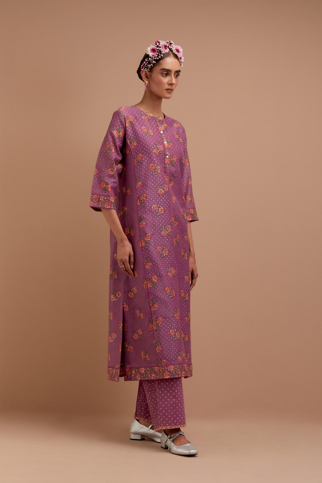 Dark Mauve Silk Chanderi kurta set with all-over Pink & Yellow floral hand-block print and side panels.