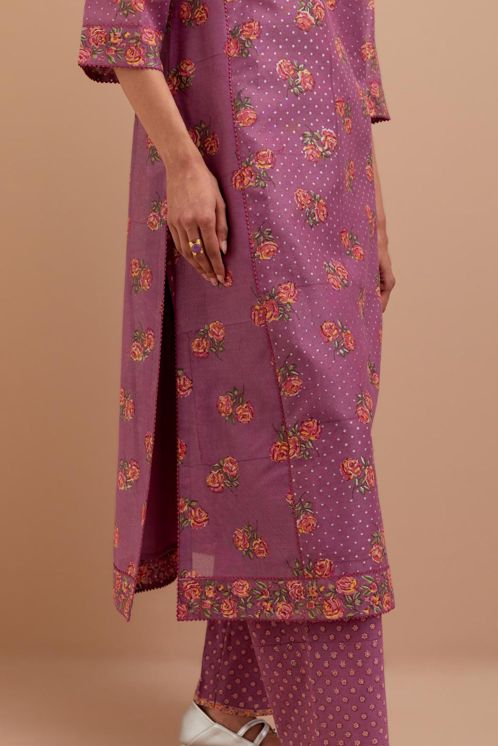 Dark Mauve Silk Chanderi kurta set with all-over Pink & Yellow floral hand-block print and side panels.