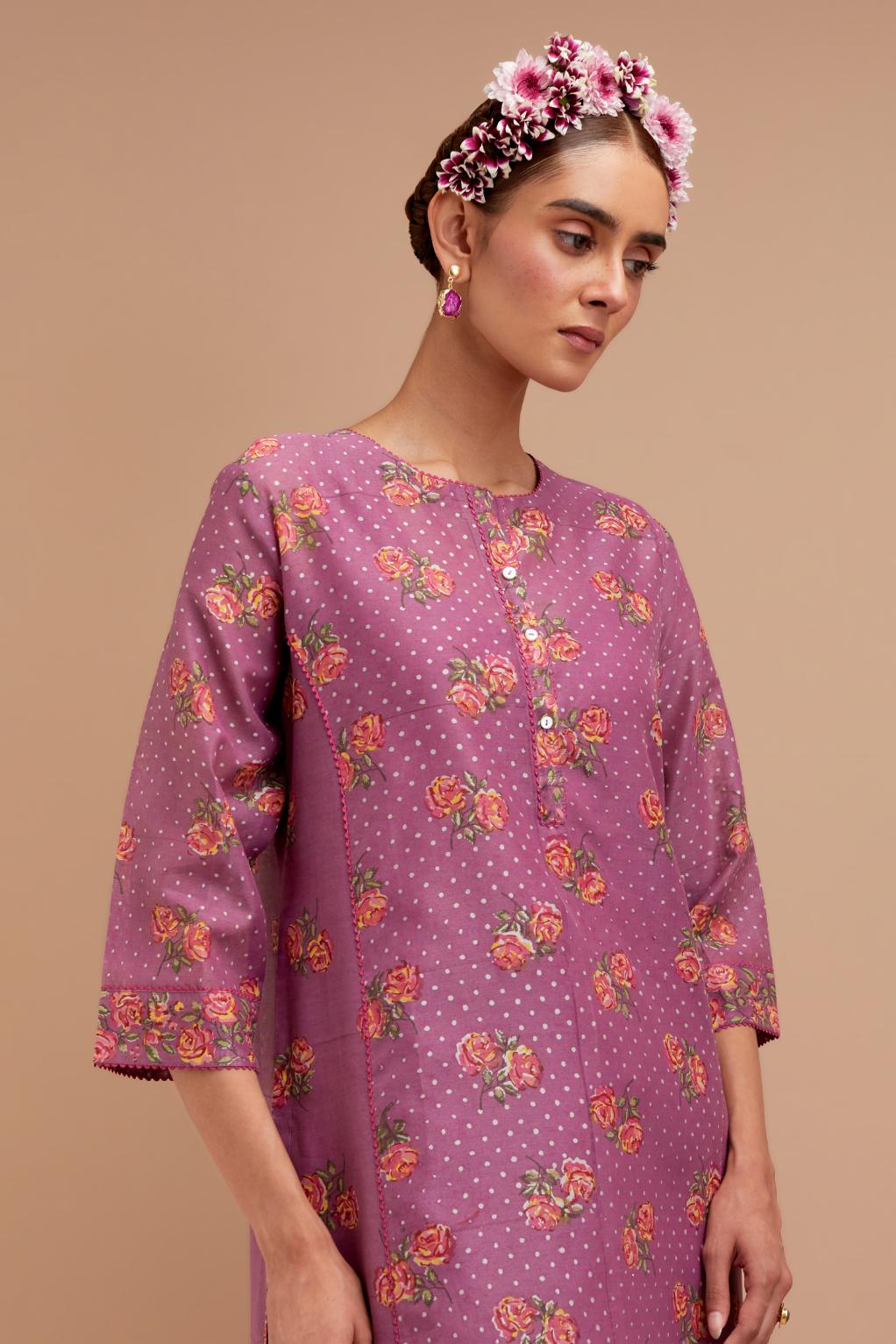 Dark Mauve Silk Chanderi kurta set with all-over Pink & Yellow floral hand-block print and side panels.