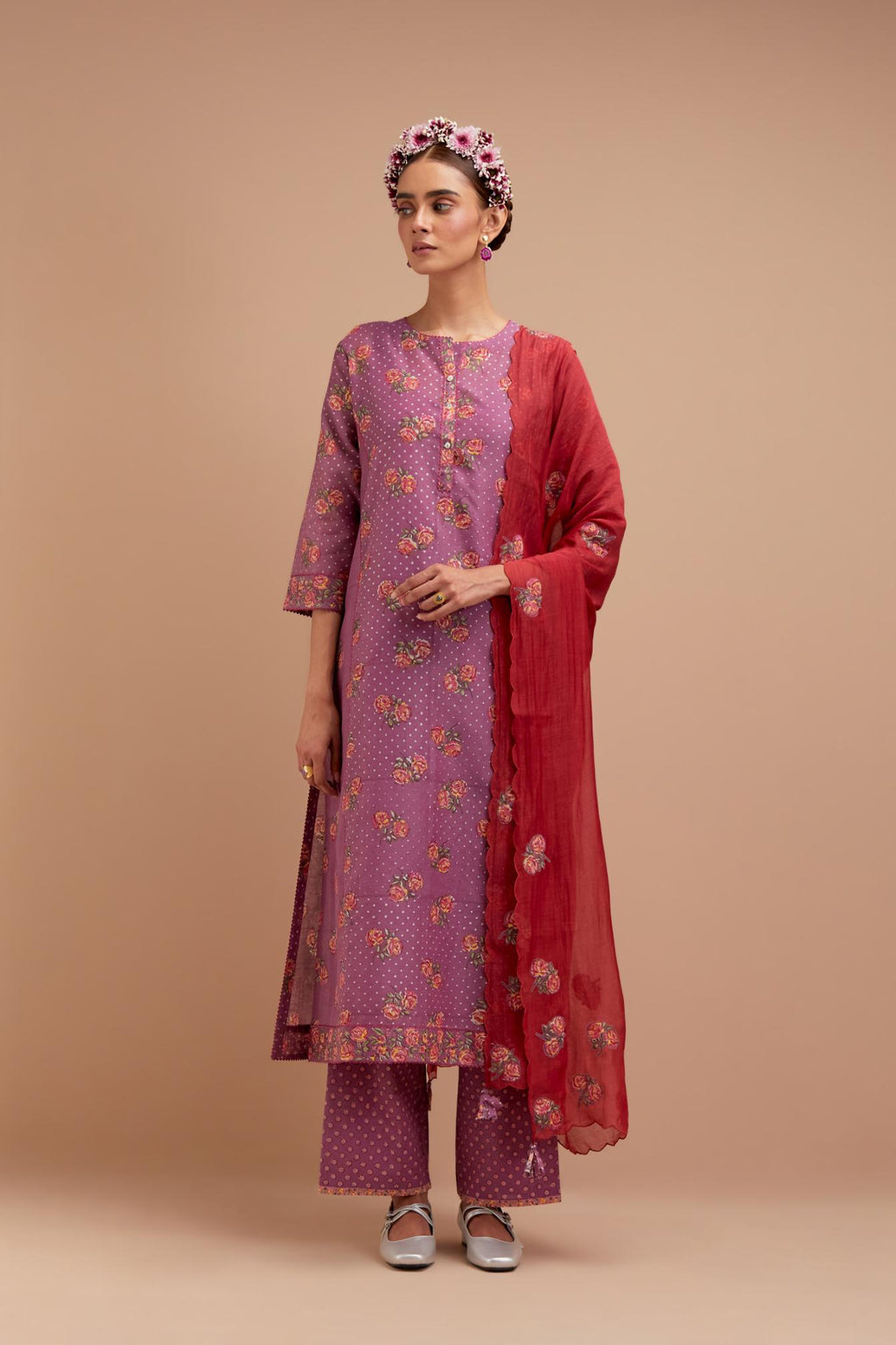 Dark Mauve Silk Chanderi kurta set with all-over Pink & Yellow floral hand-block print and side panels.