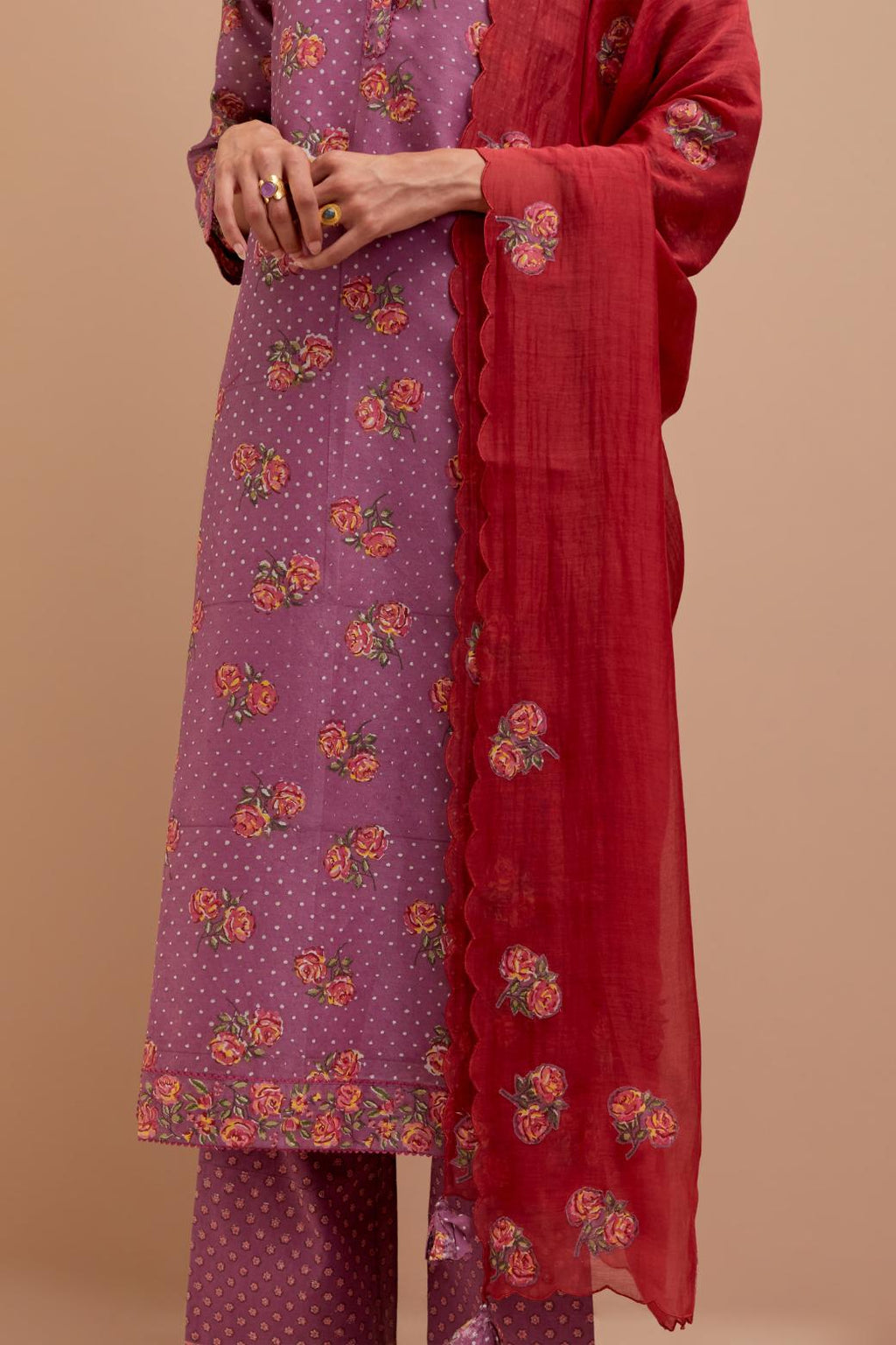 Dark Mauve Silk Chanderi kurta set with all-over Pink & Yellow floral hand-block print and side panels.