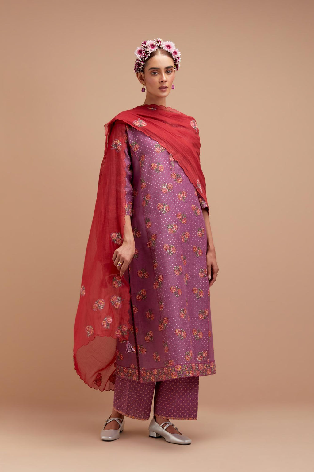 Dark Mauve Silk Chanderi kurta set with all-over Pink & Yellow floral hand-block print and side panels.