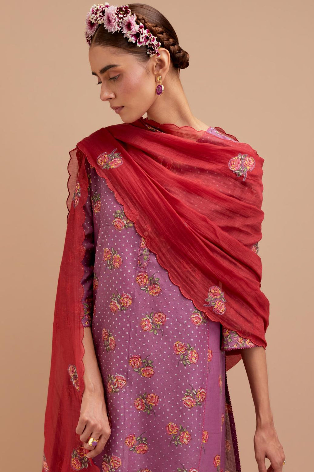 Dark Mauve Silk Chanderi kurta set with all-over Pink & Yellow floral hand-block print and side panels.