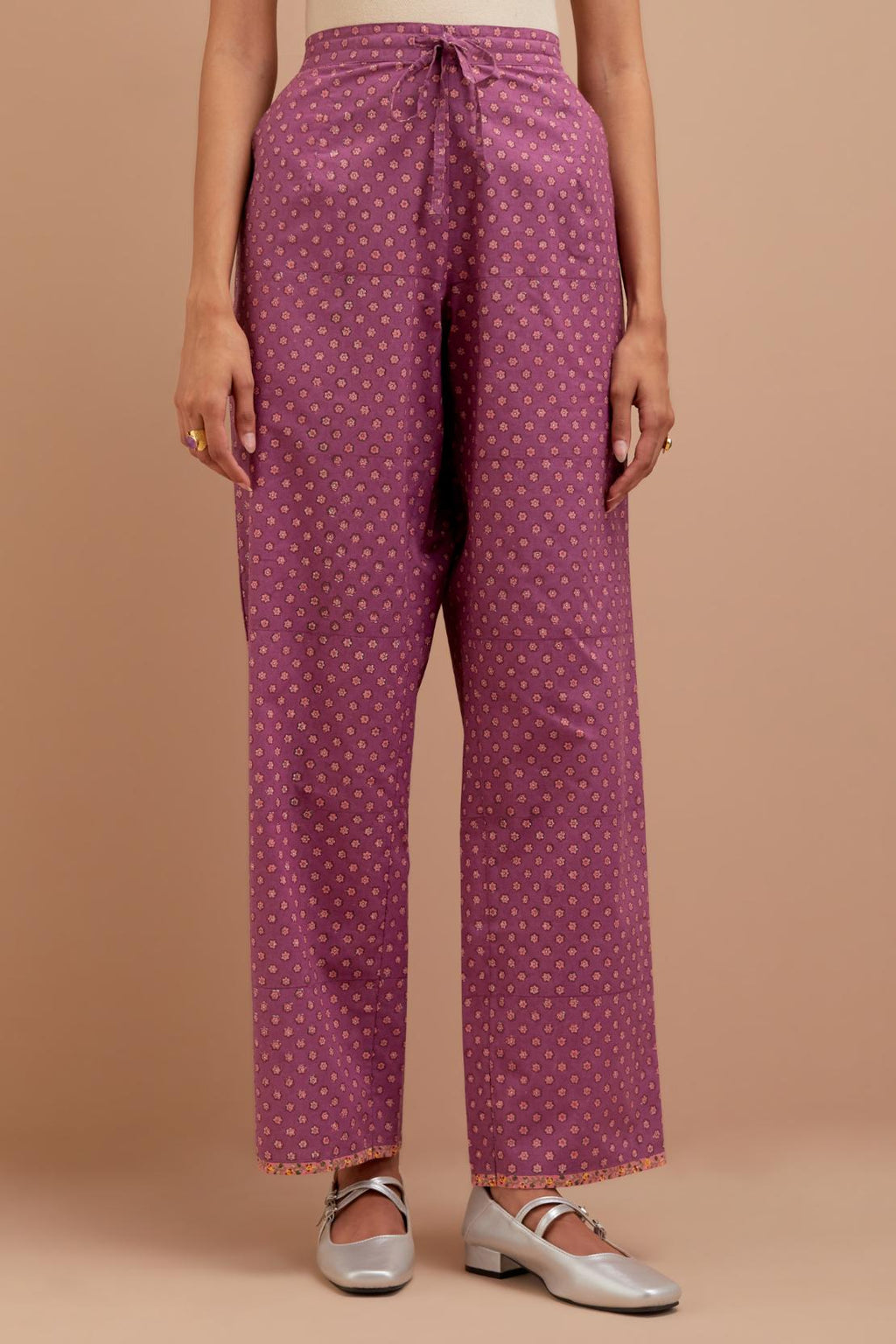 Dark Mauve Cotton straight pants with all-over small flower hand block print.
