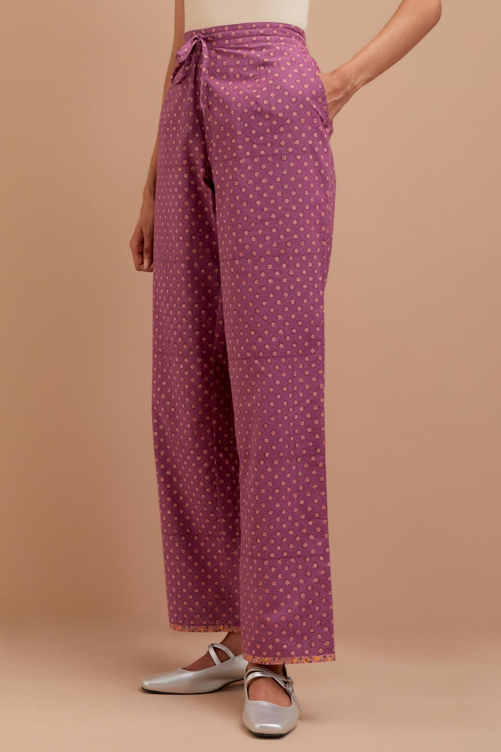 Dark Mauve Cotton straight pants with all-over small flower hand block print.