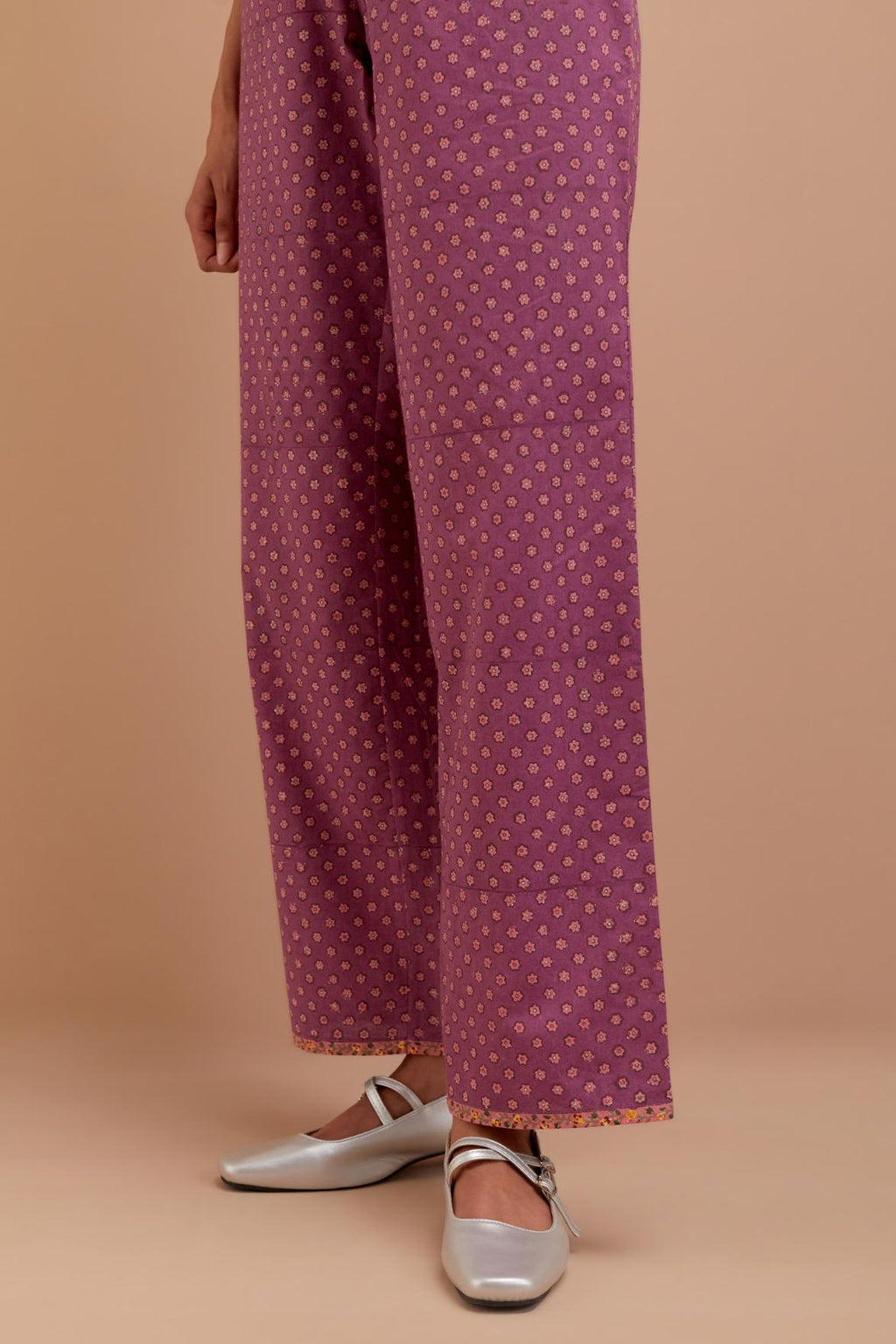 Dark Mauve Cotton straight pants with all-over small flower hand block print.