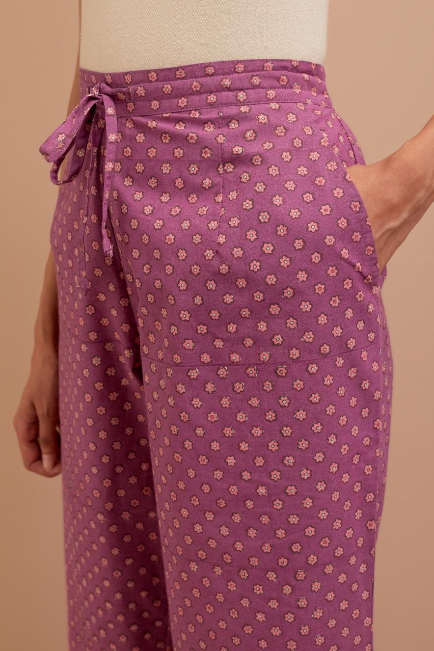 Dark Mauve Cotton straight pants with all-over small flower hand block print.