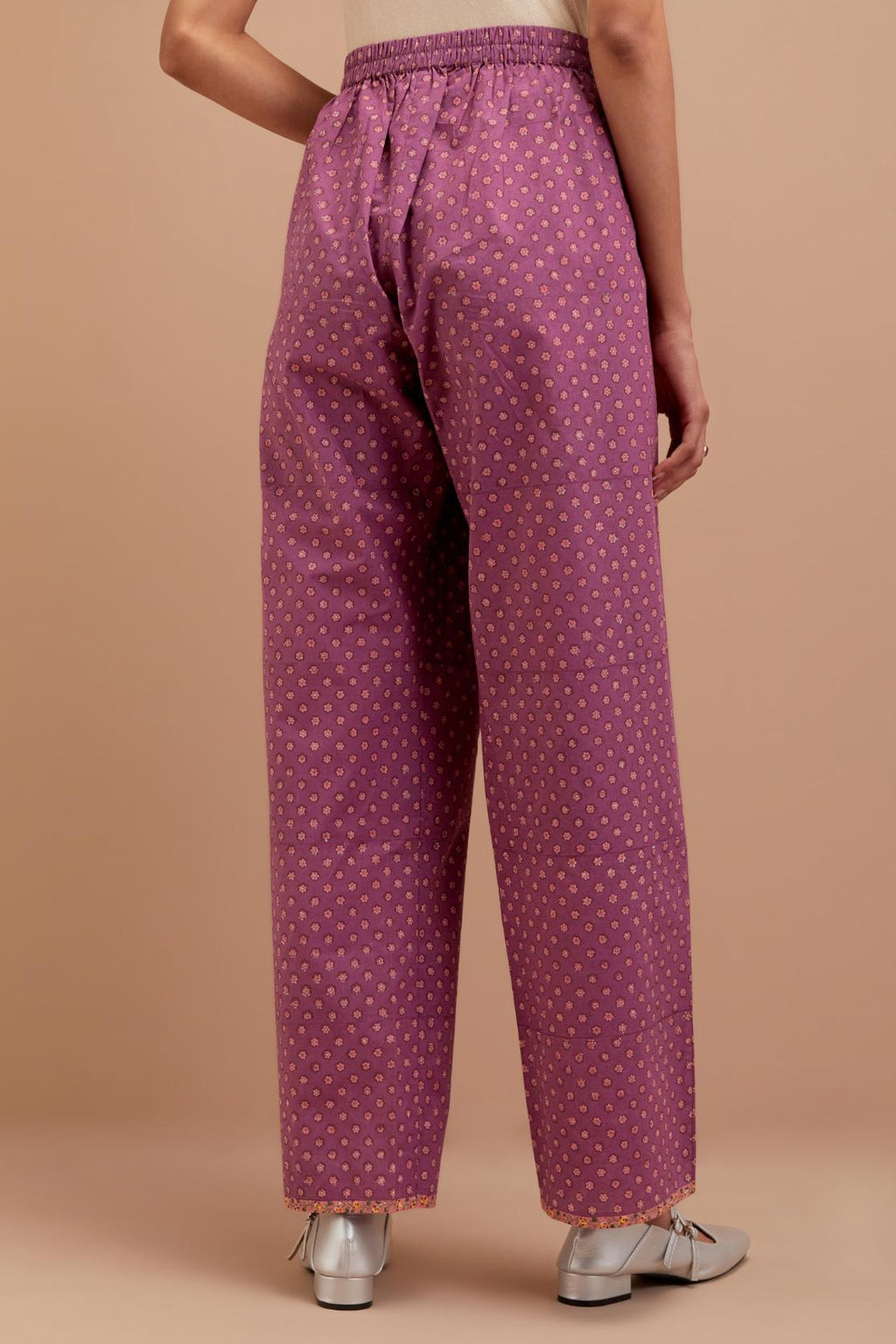 Dark Mauve Cotton straight pants with all-over small flower hand block print.