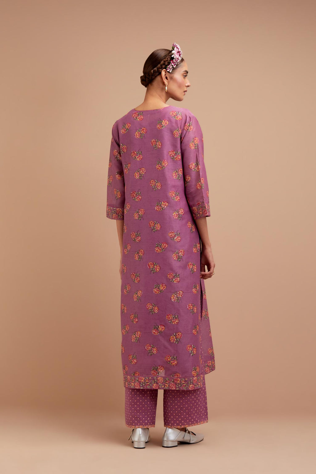 Dark Mauve Silk Chanderi straight kurta set with all-over Pink & Yellow floral hand block print.