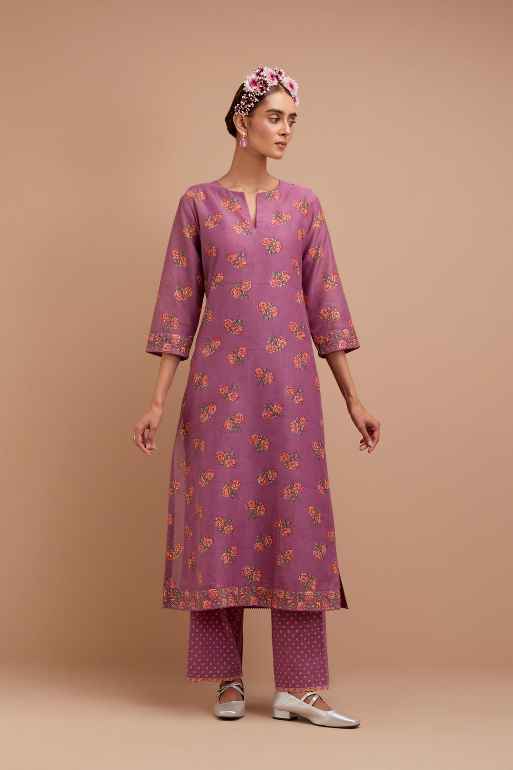 Dark Mauve Silk Chanderi straight kurta set with all-over Pink & Yellow floral hand block print.