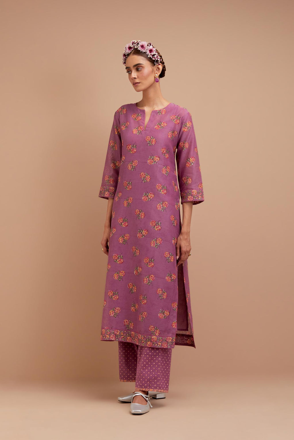Dark Mauve Silk Chanderi straight kurta set with all-over Pink & Yellow floral hand block print.
