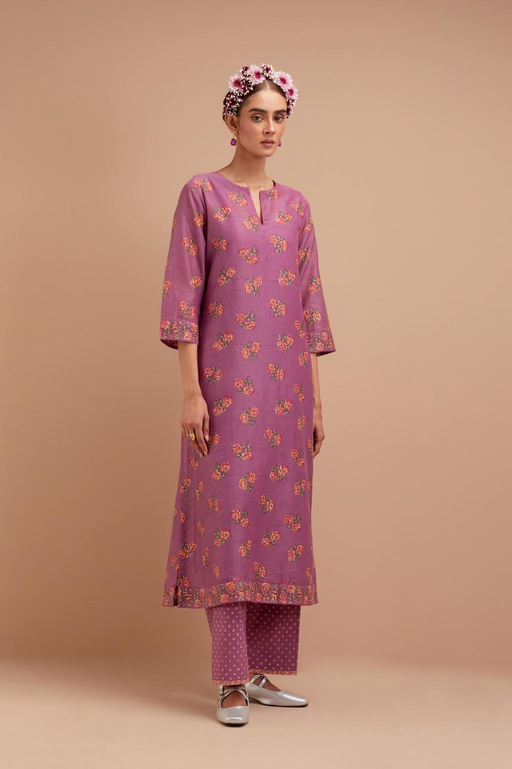 Dark Mauve Silk Chanderi straight kurta set with all-over Pink & Yellow floral hand block print.