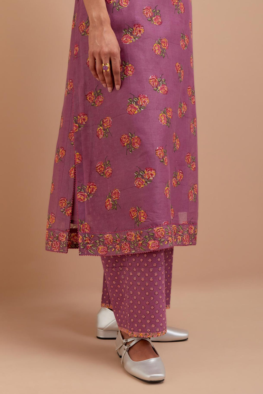 Dark Mauve Silk Chanderi straight kurta set with all-over Pink & Yellow floral hand block print.